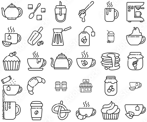 A Collection Of Tea And Coffee Pixel Perfect Isolated Silhouette Solid Icons With Tea-Party,Cup,Tea,Hot-Drink,Coffee Stroke Icon Collection. Vector Illustration