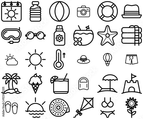 Set Of Linear Summer Vector Symbols Apps, Websites Ui Designs Suitable For Beach,Sea,Season,Sun,Summer Simple Black Style Symbol Sign For Apps And Website, Vector Illustration