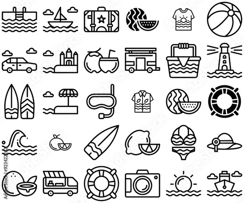 A Collection Of Summer Icons Web Header Banner Design Containing Beach,Summer,Holiday,Travel,Fruit Solid Icon Collection. Vector Illustration