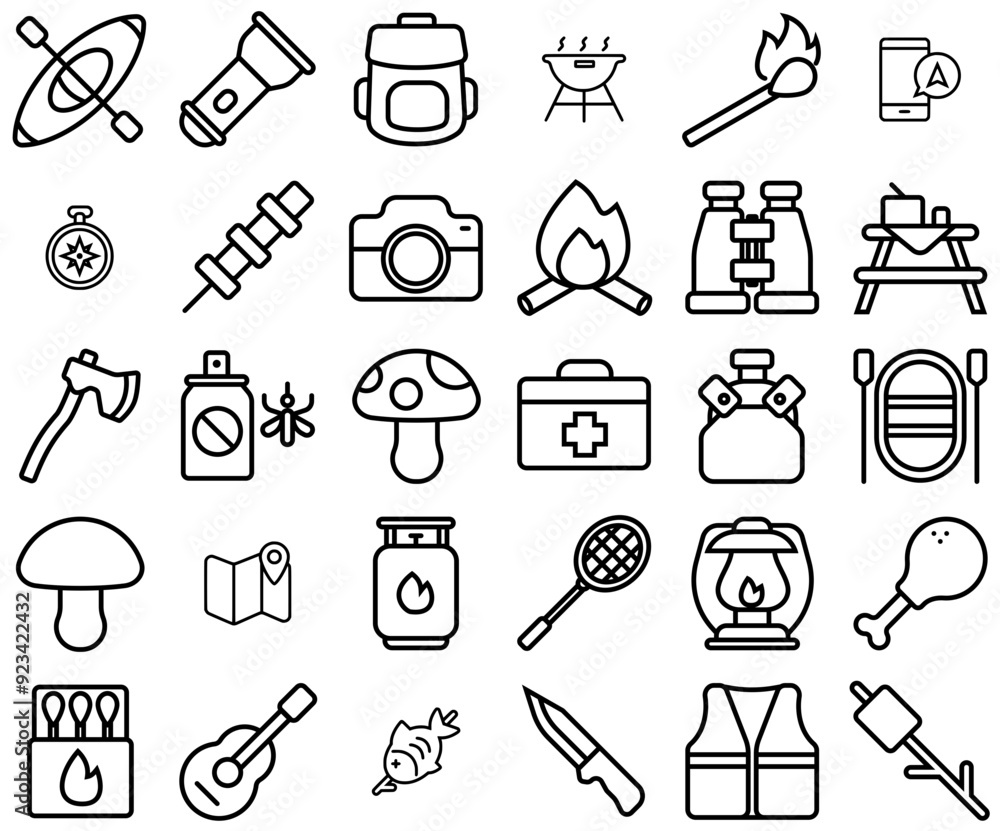 Set Of Summer Camping Line Isolated Silhouette Solid Icons With ...