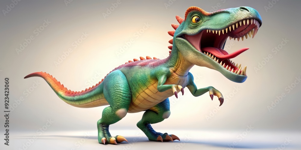 Fototapeta premium A colorful, whimsical 3D cartoon dinosaur with a wide-open mouth, revealing sharp teeth, stands on its hind legs, ready to roar in a funny, exaggerated pose.