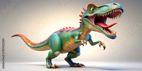 Fototapeta Naklejka Na Ścianę i Meble -  A colorful, whimsical 3D cartoon dinosaur with a wide-open mouth, revealing sharp teeth, stands on its hind legs, ready to roar in a funny, exaggerated pose.