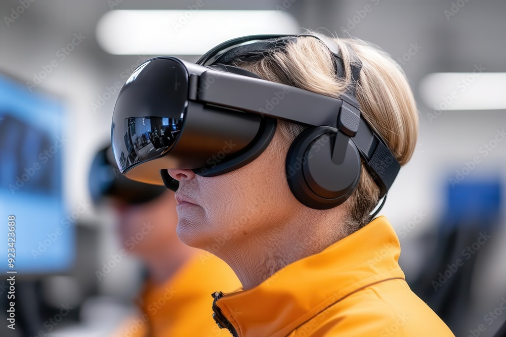 A focused individual wearing virtual reality goggles, immersed in an advanced tech environment showcasing innovation and engagement. A focused individual wearing virtual reality goggles, immersed in an advanced tech environment showcasing innovation and engagement.