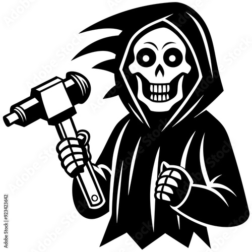 grim reaper cartoon bring hand impact wrench on a white background silhouette vector illustration