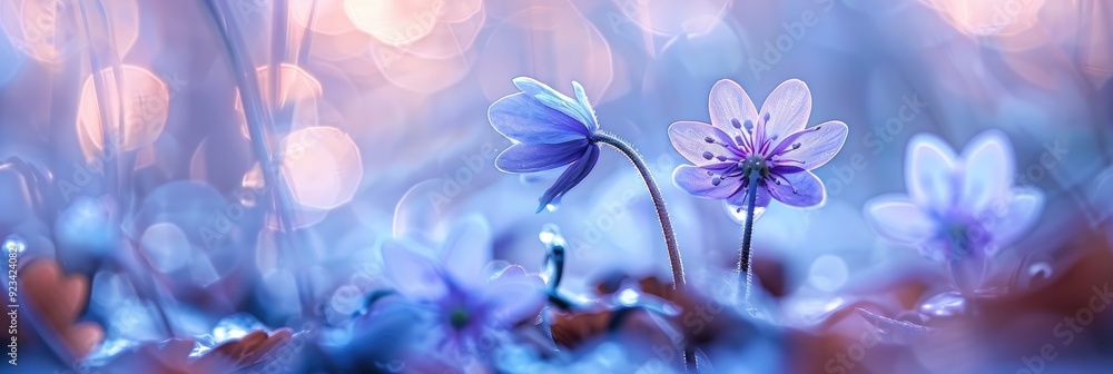 Macro photography of Hepatica nobilis blossoms in a blue spring setting featuring a blurred background and bokeh effect. Macro photography of Hepatica nobilis blossoms in a blue spring setting featuring a blurred background and bokeh effect.