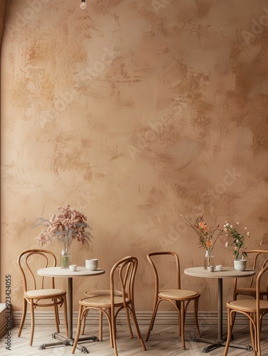 A wall, in front of some simple tables and chairs, tables and chairs above flowers, the color of the wall is light brown