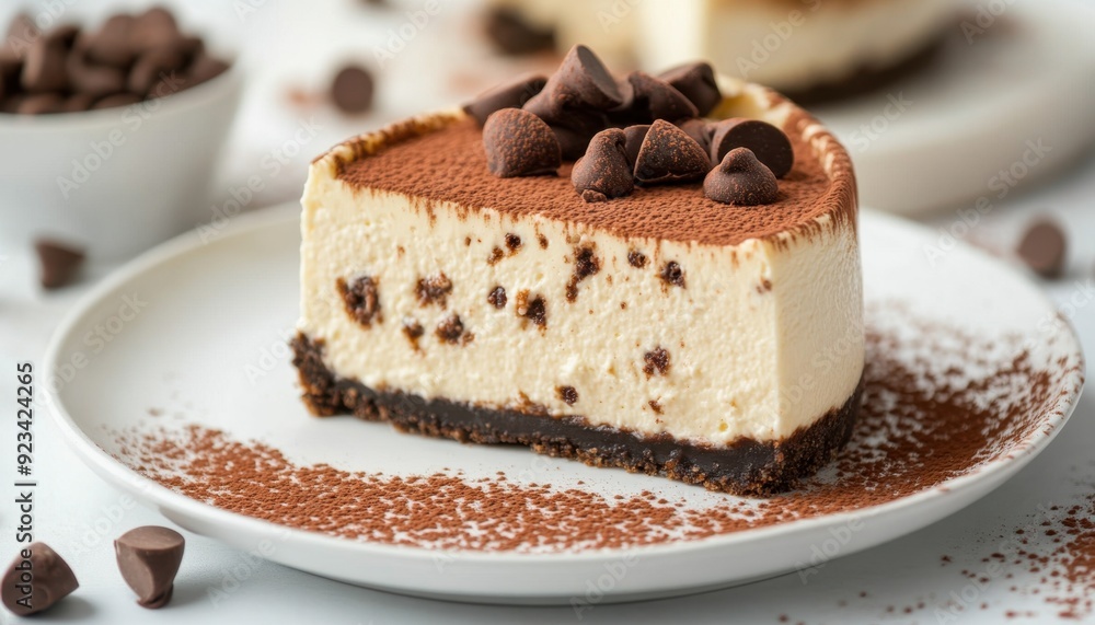 Delicious chocolate cheesecake slice with cocoa dusting and chocolate chips Delicious chocolate cheesecake slice with cocoa dusting and chocolate chips