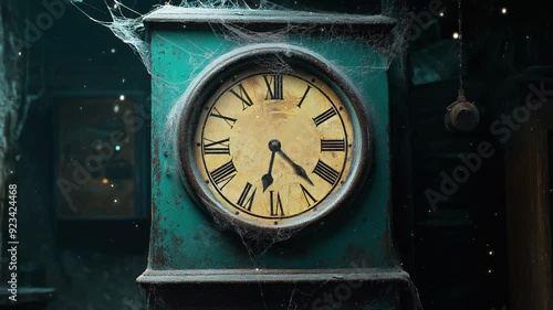 4K video of an Old creepy rustic grand father clock surrounded by cob webs, halloween, spooky, ghosts, eerie, haunted