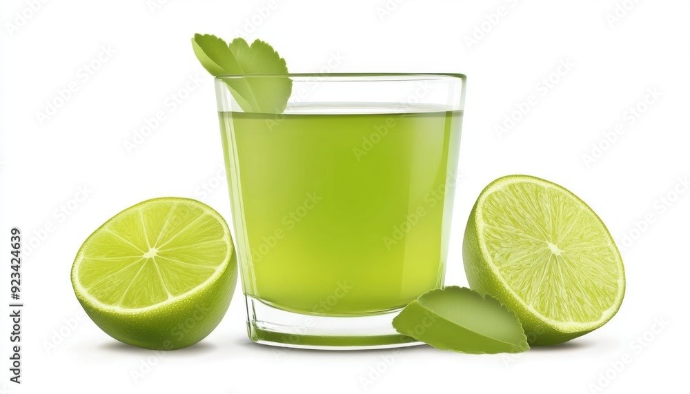 Refreshing green drink with lime slices and mint leaves on a white background Refreshing green drink with lime slices and mint leaves on a white background