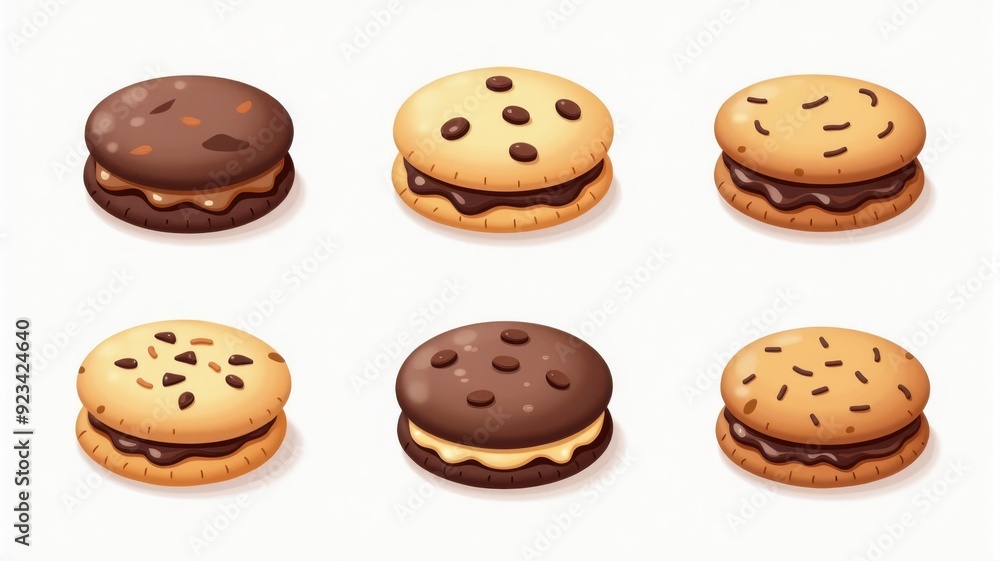 Fototapeta premium Assorted Chocolate and Vanilla Cookie Sandwiches Illustration â€“ Delicious Baked Goods with Sprinkles and Chocolate Chips
