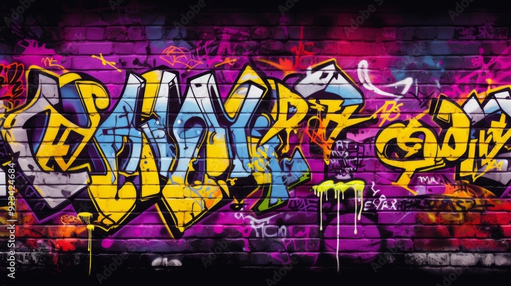 Street art abstract graffiti piece on purple brick wall. Neural network ai generated art