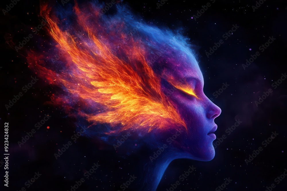 A surreal portrait of a woman with fiery elements emanating from her head, merging beauty and cosmic energy in vibrant colors. A surreal portrait of a woman with fiery elements emanating from her head, merging beauty and cosmic energy in vibrant colors.