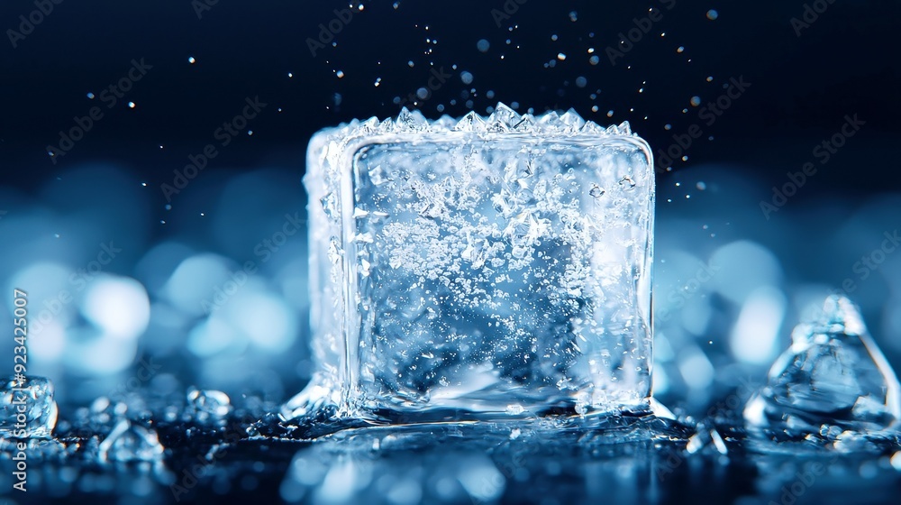 Crystal-Infused Ice Cube, a striking close-up of a transparent ice cube showcasing intricate crystal formations, set against a deep, dark background, highlighting its unique beauty.