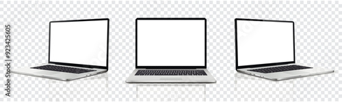 Laptop blank screen mockup. Realistic laptop in different positions isolated on transparent background.