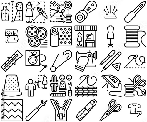 Set Of Sewing Tools Accessories And Needlework Isolated Silhouette Solid Icons With Cloth,Tools,Sewing,Fabric,Accessories Vector Icon Set Linear Pictogram Pack