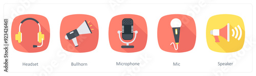 A set of 5 Communication icons as headset, bullhorn, microphone