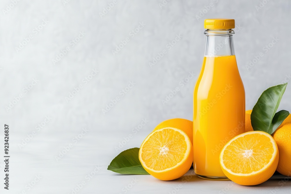 Fresh orange juice in a glass bottle with ripe oranges, showcasing vibrant color and natural freshness on a light background. Fresh orange juice in a glass bottle with ripe oranges, showcasing vibrant color and natural freshness on a light background.