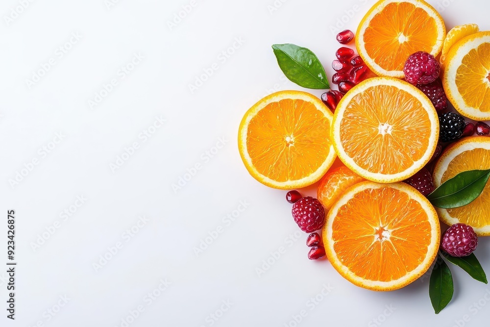 Fresh orange slices with vibrant berries create a colorful arrangement on a light background, perfect for health-related themes. Fresh orange slices with vibrant berries create a colorful arrangement on a light background, perfect for health-related themes.