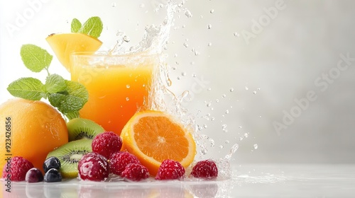 Fresh orange juice splash with vibrant fruits like raspberry, kiwi, and mint on a light background. Perfect for summer refreshment.