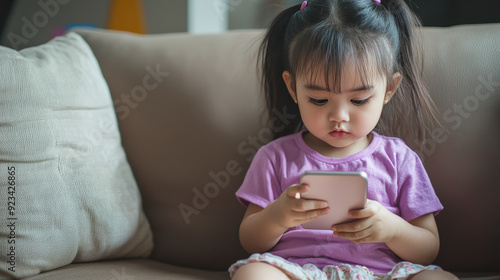 Young girl in purple shirt playing on phone at home