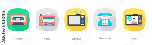 A set of 5 Communication icons as casette, radio, television