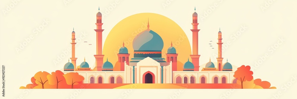 Fototapeta premium A beautiful mosque with intricate details stands tall against a vibrant sunset. The architectural design, minarets, and dome symbolize faith, spirituality, and peace.
