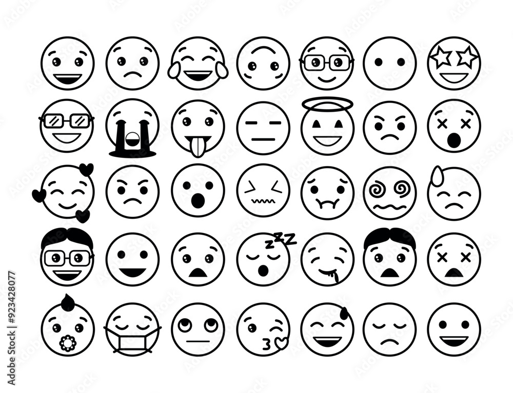 Set of linear emoji faces. Black and white icons with faces expressing different emotions. Sad, happy, funny, loving, crying and angry characters. Cartoon flat vector collection isolated on white Set of linear emoji faces. Black and white icons with faces expressing different emotions. Sad, happy, funny, loving, crying and angry characters. Cartoon flat vector collection isolated on white