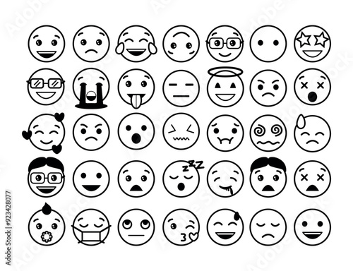 Set of linear emoji faces. Black and white icons with faces expressing different emotions. Sad, happy, funny, loving, crying and angry characters. Cartoon flat vector collection isolated on white