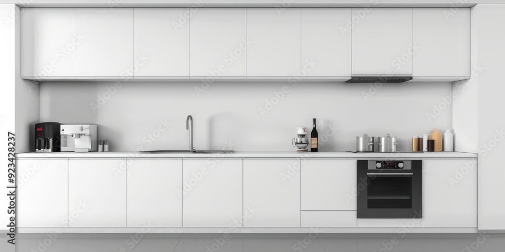 Fototapeta premium A white kitchen with a black oven and a sink