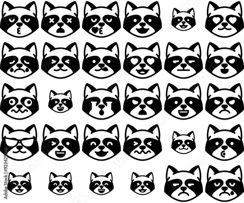 Mega Set Of Vector Raccoon Emoticons Line Icons Collection Isolated Silhouette Solid Icons Including Emotion,Raccoon,Feeling,Expression,Emoji Outline Icons Collection. Simple Vector Illustration