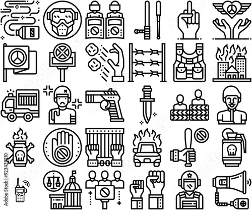 A Collection Of Protest Line Icons Silhouette Vector Logo Design Containing Strike,Weapon,Police,Military,Protest Business Infographic Elements Logo Vector Illustration