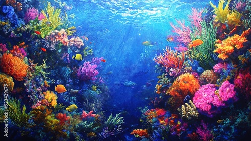 coral reef teeming with marine life, vibrant colors of corals, fish, and underwater plants