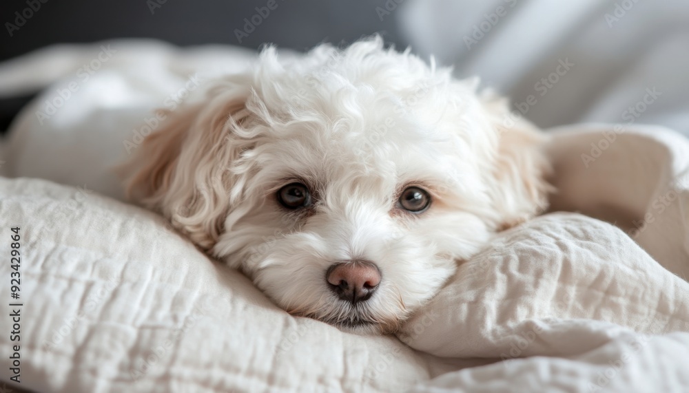 Cozy white dog relaxing on a soft blanket at home during the afternoon Cozy white dog relaxing on a soft blanket at home during the afternoon