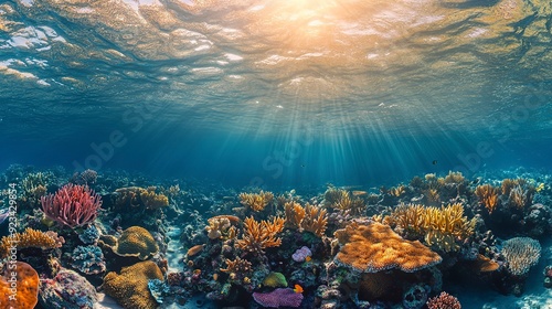 Fototapeta Naklejka Na Ścianę i Meble -  Underwater coral reef landscape super wide 