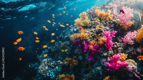 Mesmerizing drone panorama of a vibrant coral reef teeming with colorful fish and marine life.