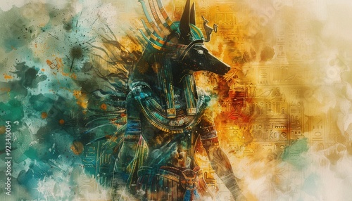 Anubis in vibrant colors surrounded by ancient Egyptian symbols photo