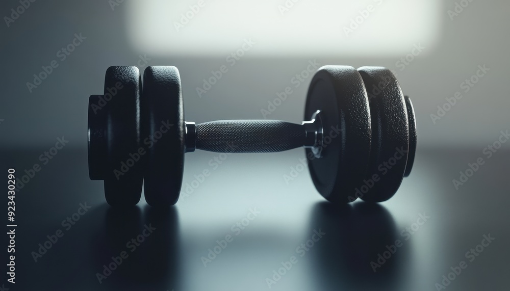 Close-up of a black dumbbell on a reflective surface in a dimly lit workout space Close-up of a black dumbbell on a reflective surface in a dimly lit workout space
