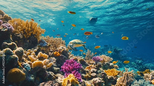 Vibrant coral reef teeming with colorful fish, sea turtles, and other marine life in crystal-clear water. 