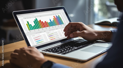 Analyzing financial data on laptop screen in hybrid office setting for digital entrepreneurship .