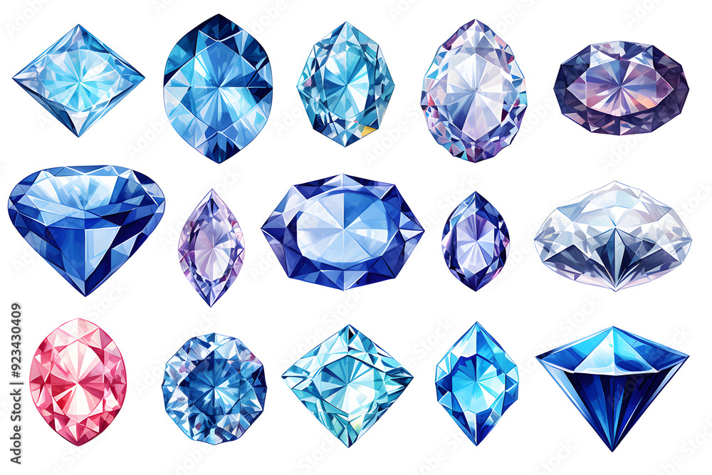 Watercolor crystal gems set. Hand drawn illustration isolated on white background Watercolor crystal gems set. Hand drawn illustration isolated on white background