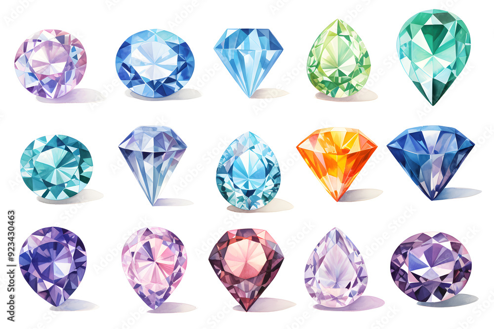 Watercolor crystal gems set. Hand drawn illustration isolated on white background Watercolor crystal gems set. Hand drawn illustration isolated on white background