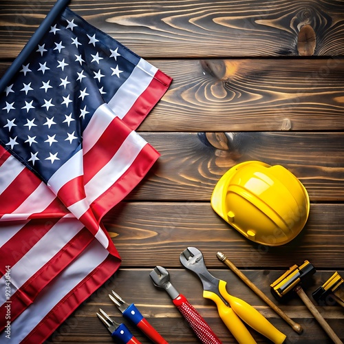 Celebrating the invaluable contributions of construction workers on Labor Day. Top-down image showcasing flag, helmet, gloves, and tools on grunge textured grey concrete. Perfect for ads or text
 photo