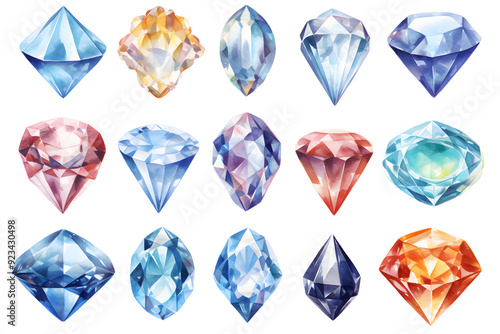 Watercolor crystal gems set. Hand drawn illustration isolated on white background