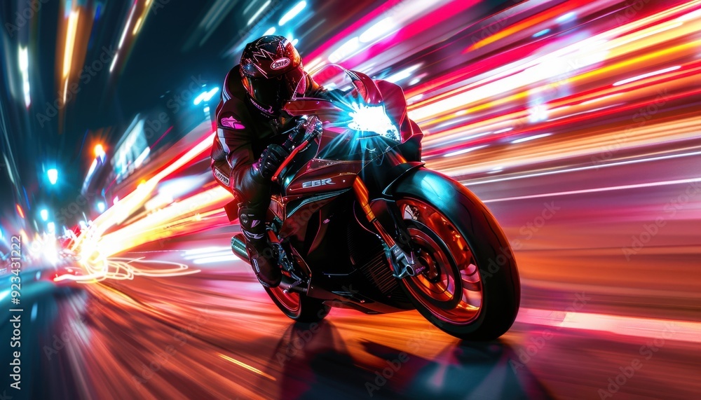 Nighttime motorcycle ride through a city with dynamic light trails Nighttime motorcycle ride through a city with dynamic light trails