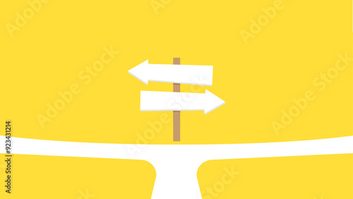 A fork in the road with a post featuring two blank directional signs on a yellow background