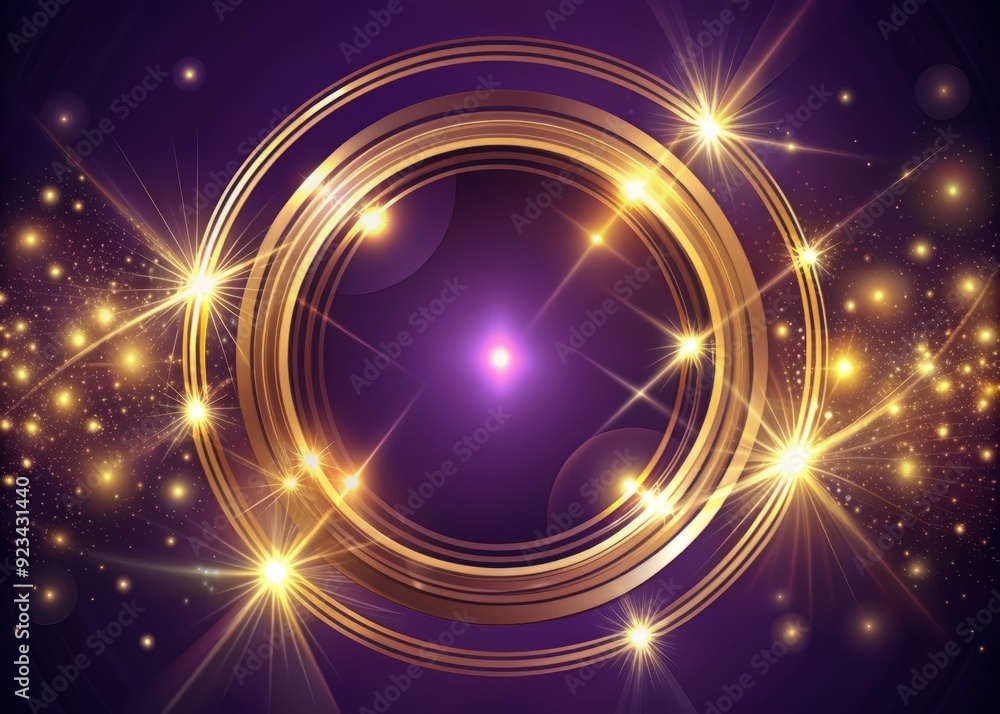 Fototapeta premium Abstract design featuring intricate golden circle lines overlapping on a rich purple background with a mesmerizing sparkle light effect, evoking luxury and sophistication.