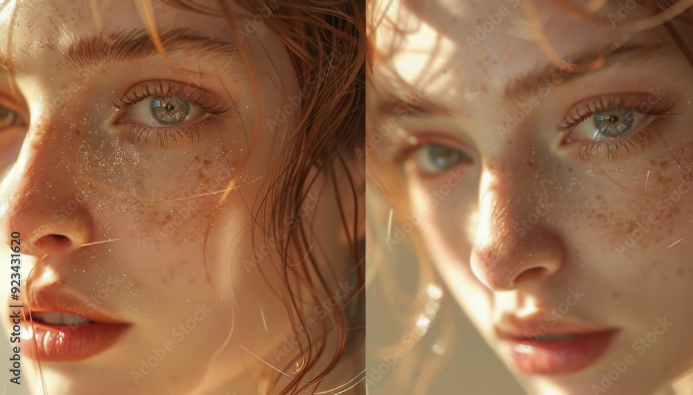 Young woman with freckles poses softly in warm sunlight during golden hour Young woman with freckles poses softly in warm sunlight during golden hour