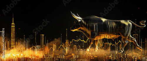  the bull stands on an abstract background with rising stock market charts and gold bars