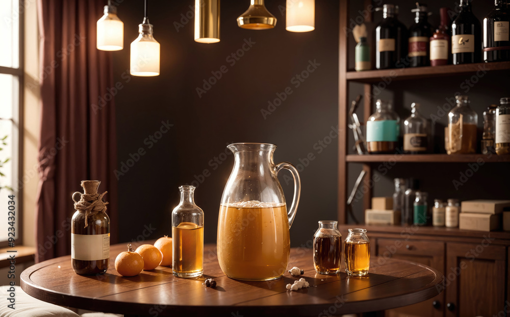 Refreshing Beverage Display Featuring Glass Pitcher and Golden Liquid in Cozy Interior Setting Refreshing Beverage Display Featuring Glass Pitcher and Golden Liquid in Cozy Interior Setting