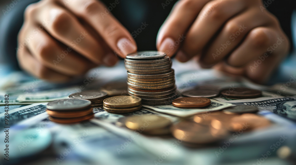 Detailed image of hands arranging and stacking bills and coins on a flat surface. The focus is on the texture and details of the money as it's being sorted and accumulated. Detailed image of hands arranging and stacking bills and coins on a flat surface. The focus is on the texture and details of the money as it's being sorted and accumulated.